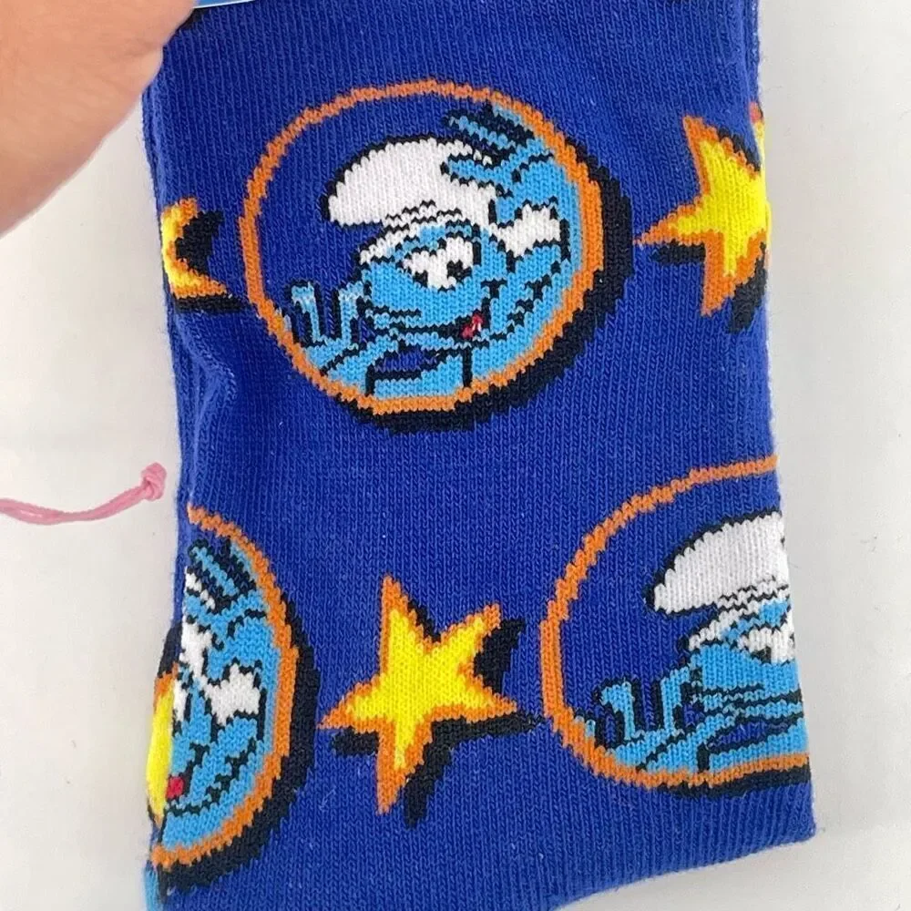 Smurfs Unisex Crew Socks Blue Yellow Stars Cartoon Style Fits Shoe Size 6–13